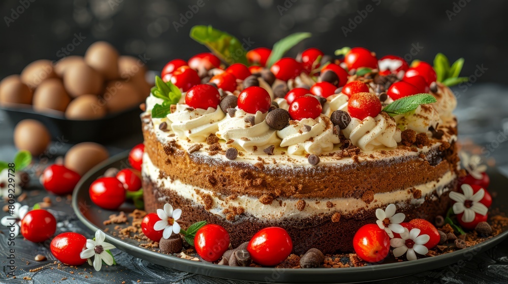 A tight shot of a cake on a plate, adorned with cherries atop, accompanied by eggs in the backdrop A tight shot of a cake on a plate, adorned with cherries atop, accompanied by eggs in the backdrop