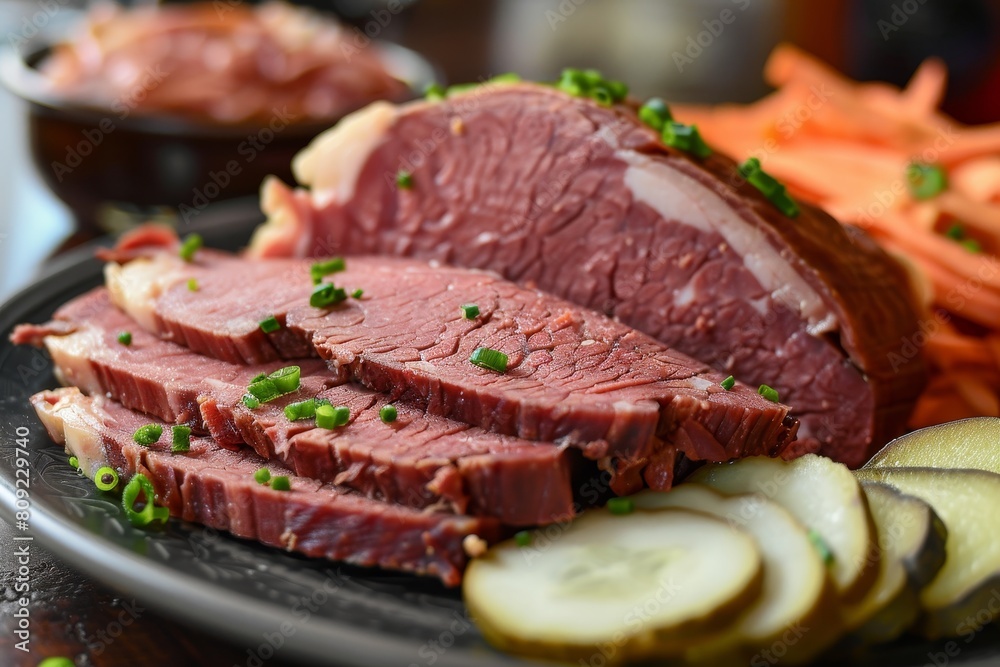 A detailed view of a plate filled with delicious meat and accompanying sides, A dish that is simple yet satisfying, offering a taste of traditional American deli cuisine