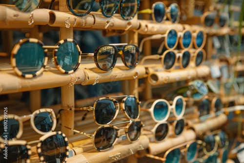 Numerous eco-friendly sunglasses made from sustainable materials displayed in a store, A display of eco-friendly glasses made from sustainable materials like bamboo or recycled plastics photo