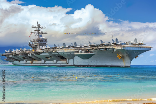 American navy aircraft carrier in sea.