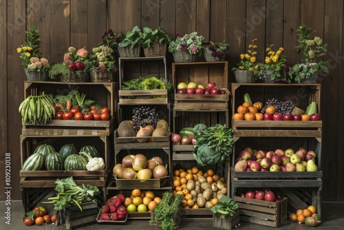 Multiple crates filled with various fresh fruits and vegetables on display, A display of seasonal produce in crates and baskets