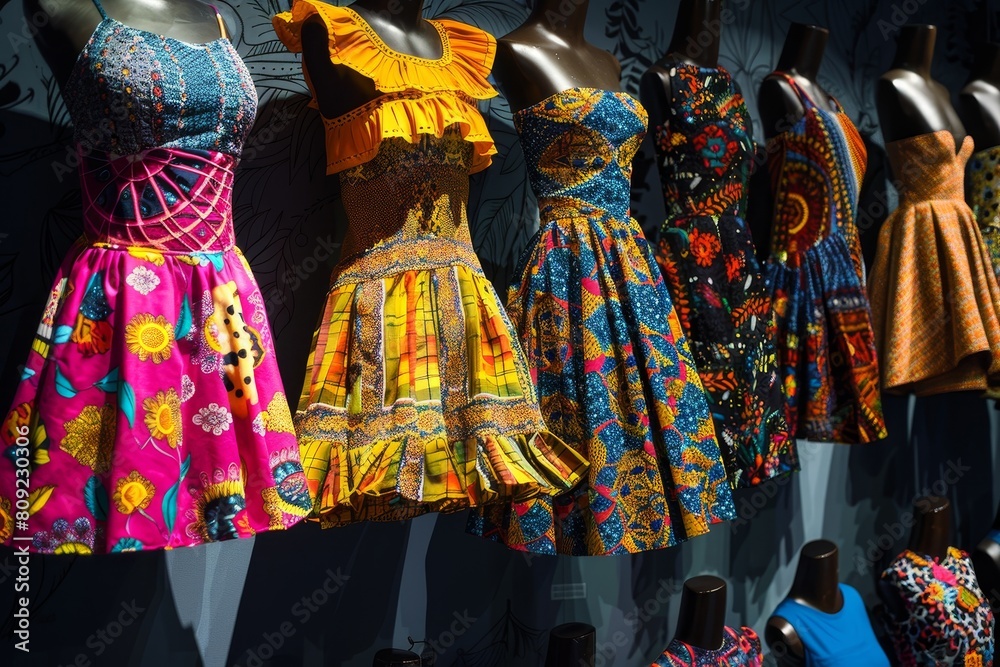 Mannequins showcasing a variety of colorful dresses and skirts in a vibrant display, A display of vibrant patterned dresses and skirts