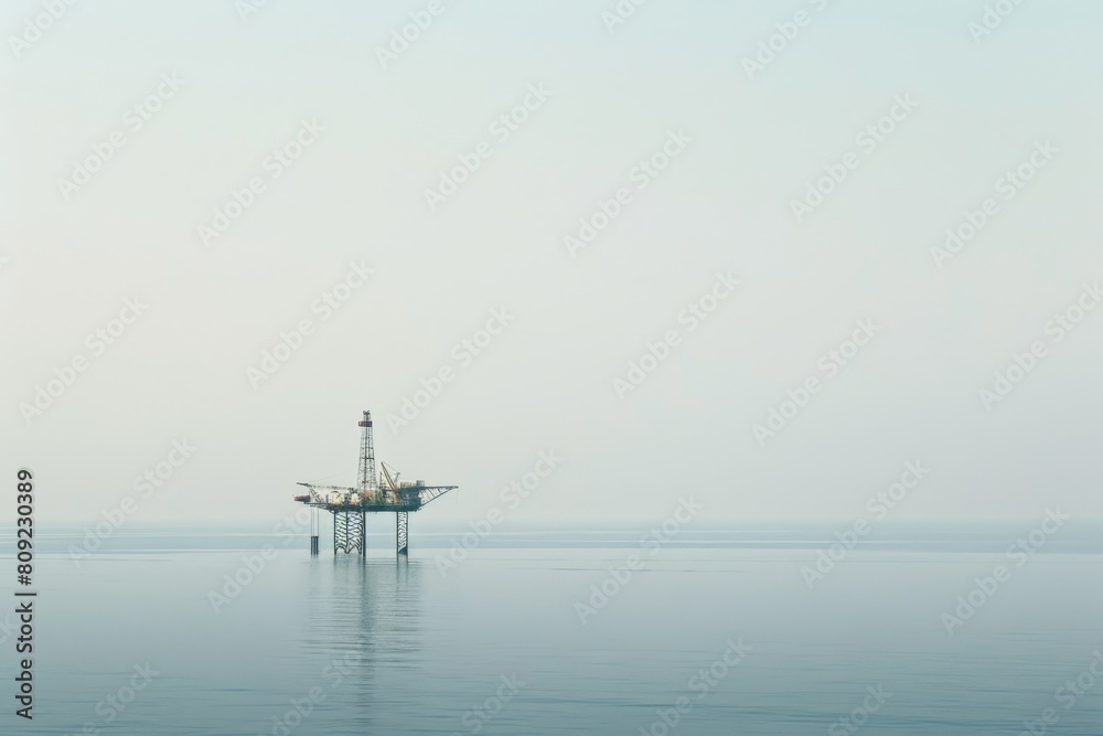 An oil rig towering above the ocean waves, extracting resources from the sea, A distant view of an oil rig standing tall in the midst of a vast horizon An oil rig towering above the ocean waves, extracting resources from the sea, A distant view of an oil rig standing tall in the midst of a vast horizon