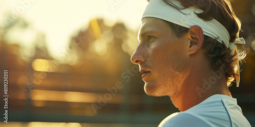 Olympic Games preparation concept. Future male participant in tennis contest waiting for the results. Day time. Golden hour. Close up portrait. Text space. Banner style photo