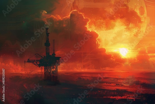 An oil rig towering in the middle of a vast ocean, A distant view of an oil rig standing tall in the midst of a vast horizon photo