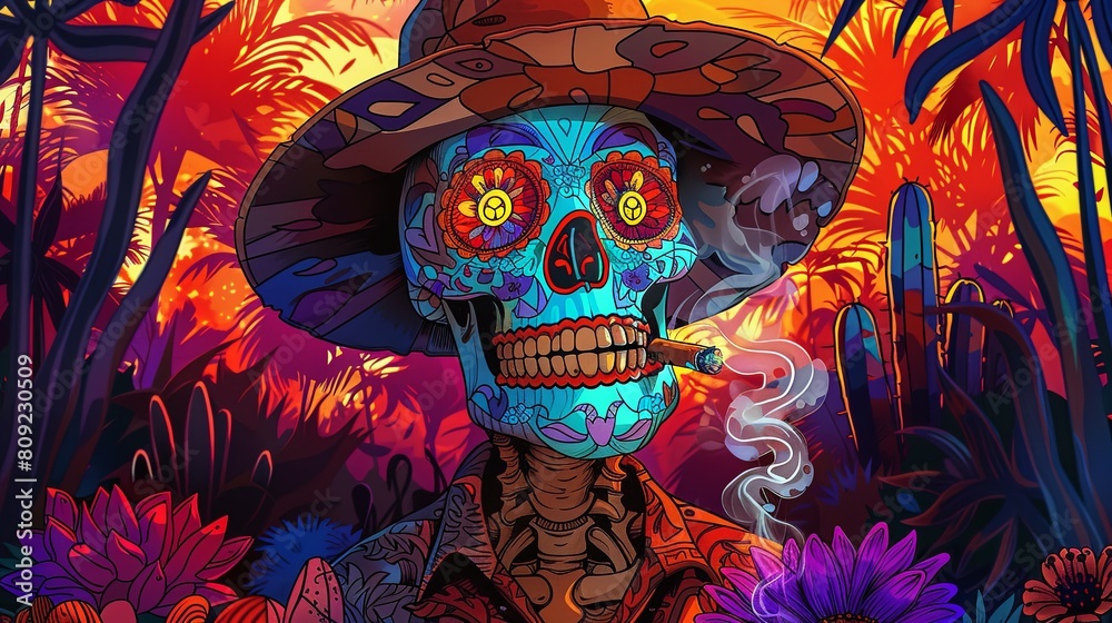 A skeleton is smoking a cigar in a jungle setting