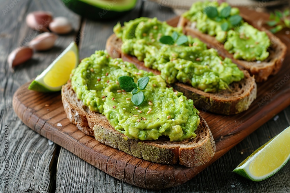 Toast bread with avocado puree on wooden table. Vegetarian food. Toast bread with avocado puree on wooden table. Vegetarian food.