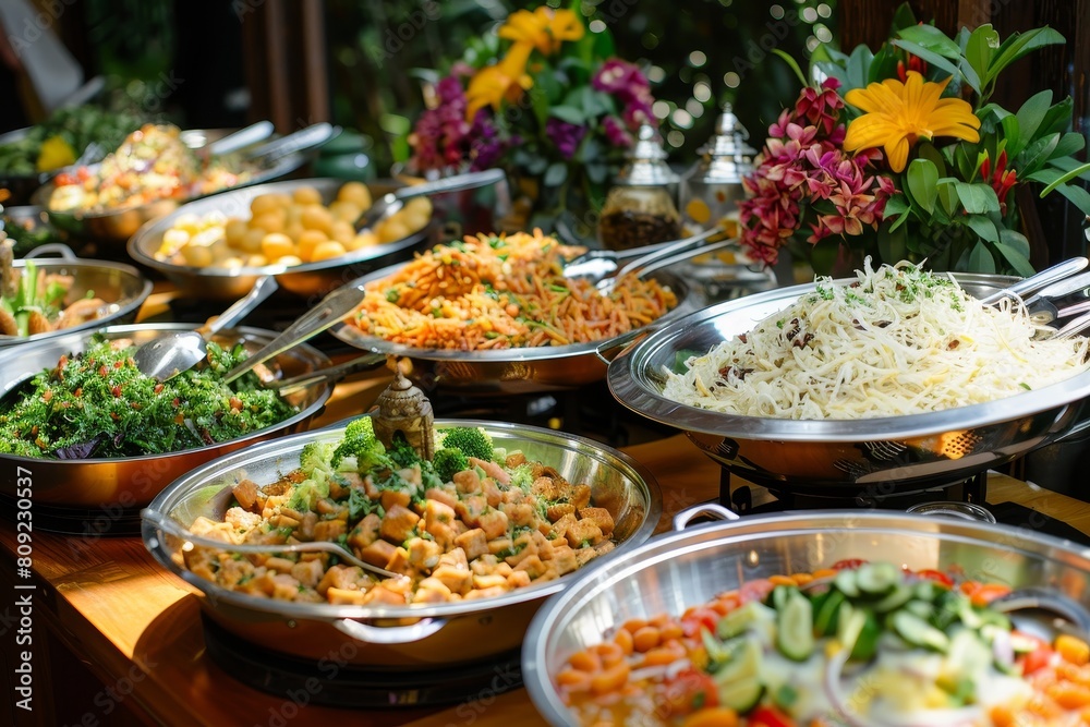 A buffet table overflowing with various types of food, offering a wide range of culinary delights to choose from, A diverse array of culinary delights