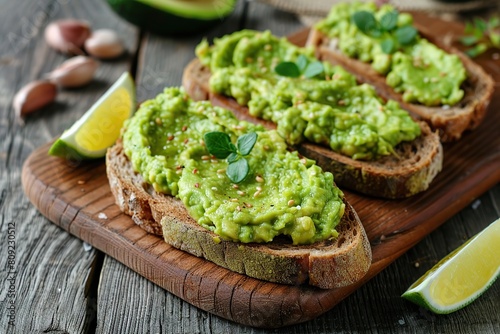 Toast bread with avocado puree on wooden table. Vegetarian food.