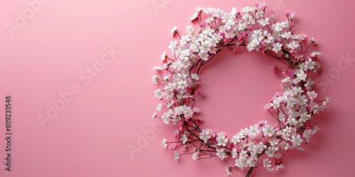 Pink cherry blossom wreath on pink background. Springtime floral decoration photography. Spring celebration and greeting card concept