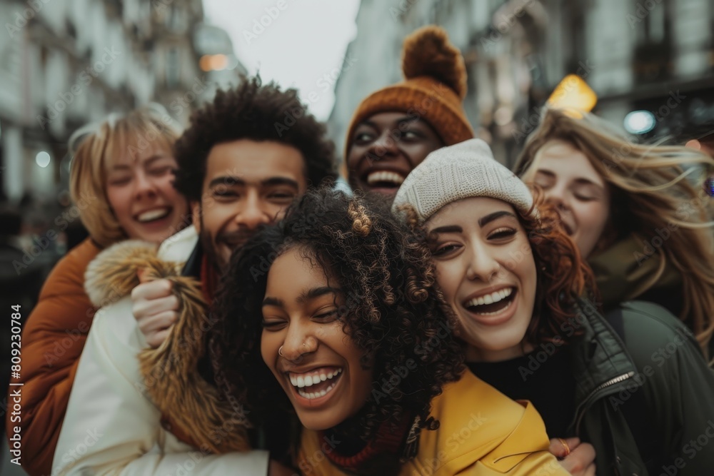 A diverse group of friends laughing and hugging while standing together on the street, A diverse group of friends laughing and hugging in a bustling city square A diverse group of friends laughing and hugging while standing together on the street, A diverse group of friends laughing and hugging in a bustling city square