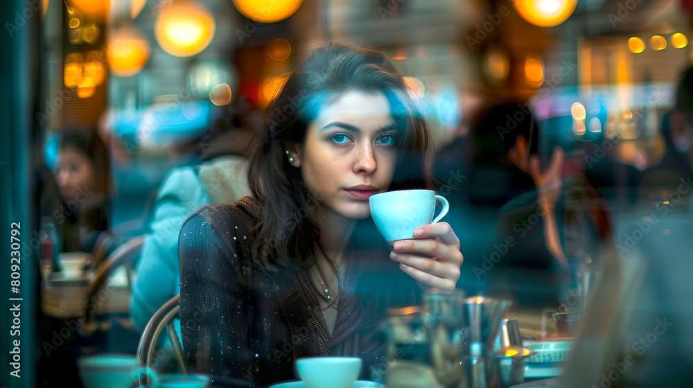 Young woman enjoying a coffee in a bustling café. Thoughtful gaze through a window. Casual urban lifestyle captured. Perfect for modern lifestyle themes. AI Young woman enjoying a coffee in a bustling café. Thoughtful gaze through a window. Casual urban lifestyle captured. Perfect for modern lifestyle themes. AI