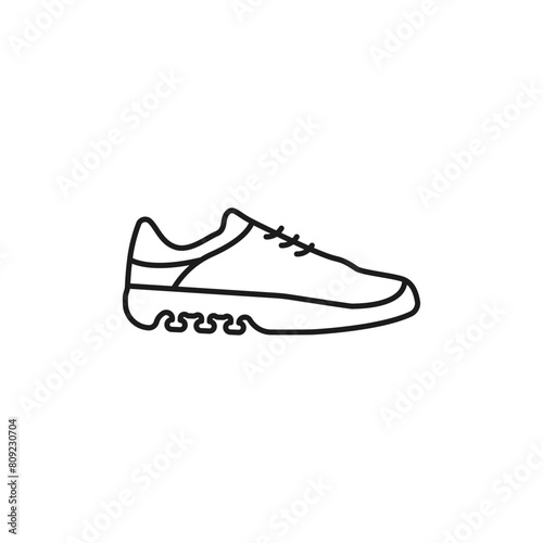 Sneakers line vector. Outline sneaker simple icon on white background. Sports shoes black concept logo vector. Running symbol icon. Sneaker foot size vector. Vector stylish illustration.