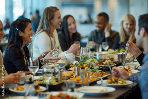 A group of people with diverse backgrounds sitting around a table  enjoying food and conversation together  A diverse group of coworkers enjoying a lively lunch together at a corporate cafeteria