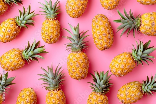 Pattern of ripe pineapples on pink background