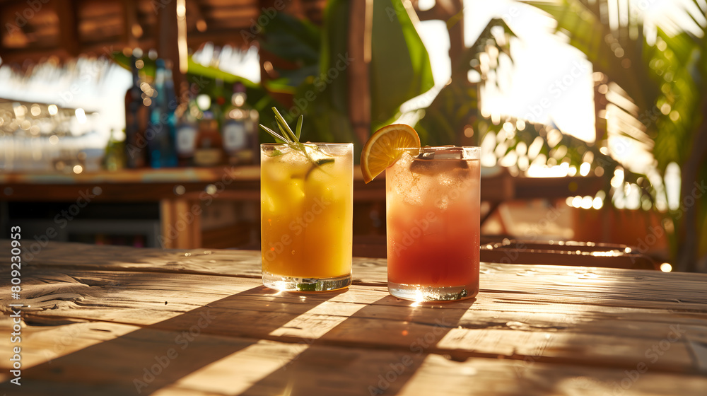 Cocktail Drinks on a wooden table in tropical beach bar