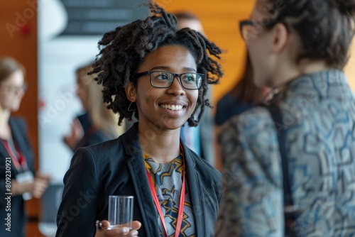 A woman wearing glasses smiles as she holds a glass in her hand, A diverse group of professionals networking at a conference