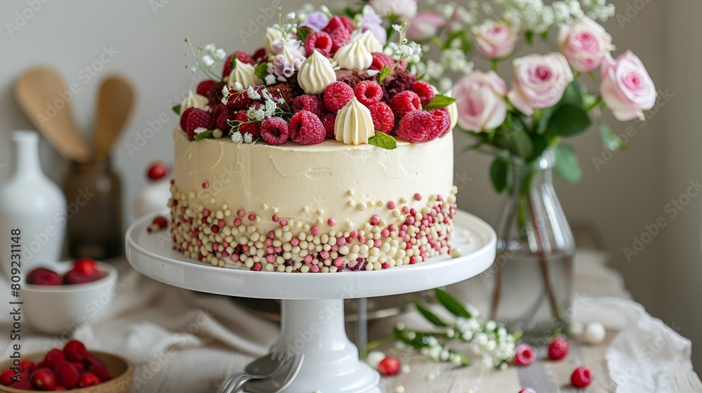A table displays a white-frosted cake topped with red raspberries Flowers adorn both the cake and the background, including a vase holding more blooms A table displays a white-frosted cake topped with red raspberries Flowers adorn both the cake and the background, including a vase holding more blooms
