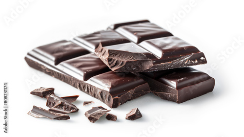 Gourmet dark chocolate bars, partially unwrapped, isolated on a white background 