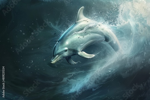 A dolphin gracefully twists and turns through the ocean waters  A dolphin elegantly twisting and turning as it navigates the ocean currents