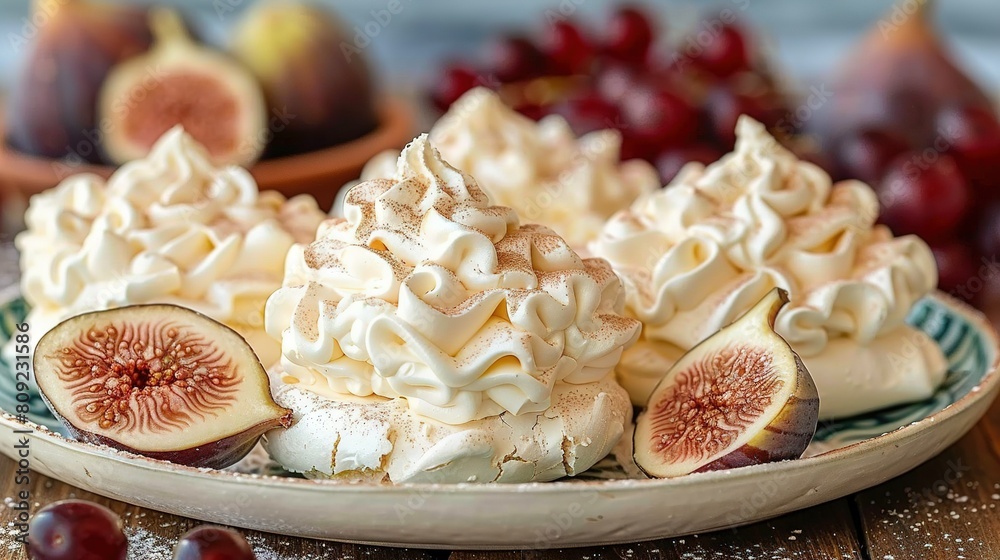 A plate topped with meringue, whipped cream, and sliced figs, alongside a bowl of fruit A plate topped with meringue, whipped cream, and sliced figs, alongside a bowl of fruit