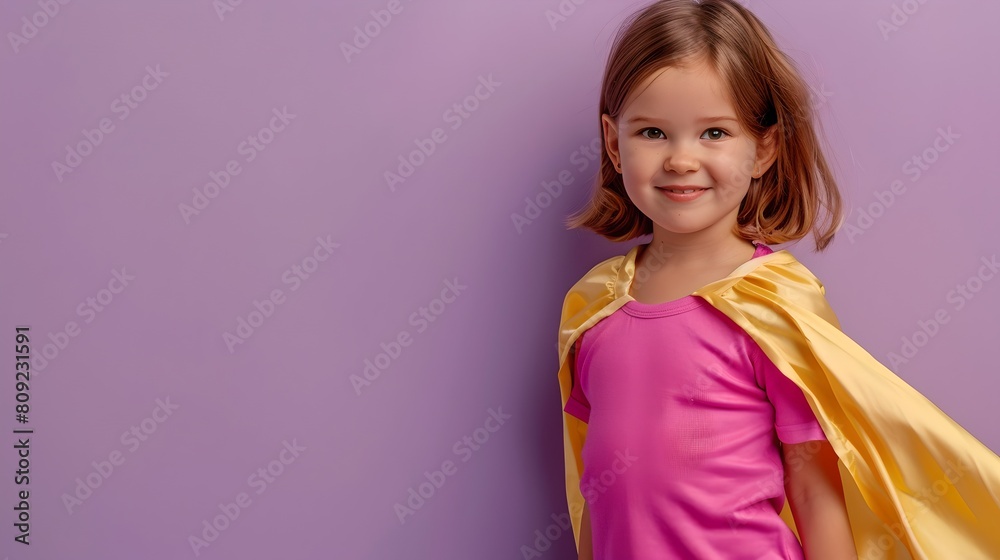 Smiling Child in Superhero Cape Against Purple Background, Imaginative Play and Child Empowerment Theme, Casual Studio Portrait. AI Smiling Child in Superhero Cape Against Purple Background, Imaginative Play and Child Empowerment Theme, Casual Studio Portrait. AI
