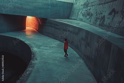 A person is walking through a tunnel towards a light at the end, A dramatic monologue captured in a minimalist, abstract style photo