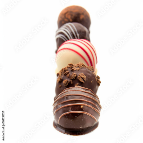 Gourmet chocolate truffles arranged in a row, isolated on a white background 
