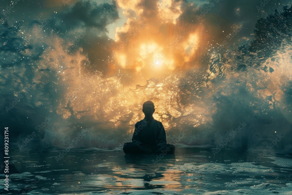 A person sitting in the center of a body of water, A dream-like depiction of the mind-body connection emphasized in Ju Jitsu philosophy