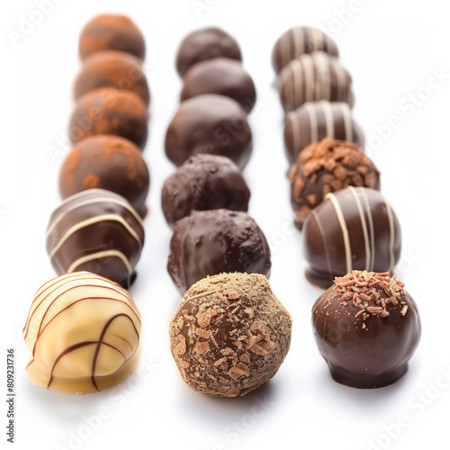 Gourmet chocolate truffles arranged in a row, isolated on a white background 