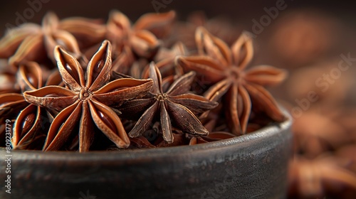   A wooden table holds a bowl brimming with star anise seeds, alongside a nearby nut stockpile photo
