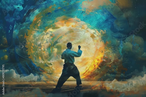 A painting depicting a man standing in front of a massive wave, showcasing the struggle and power of nature, A dream-like depiction of the mind-body connection emphasized in Ju Jitsu philosophy