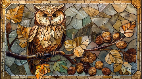 A stained glass owl is perched on a branch with leaves and nuts photo