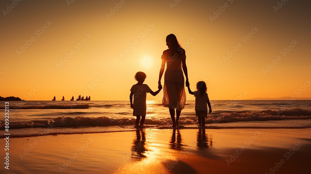 happy family with child on tropical beach, with sunset background