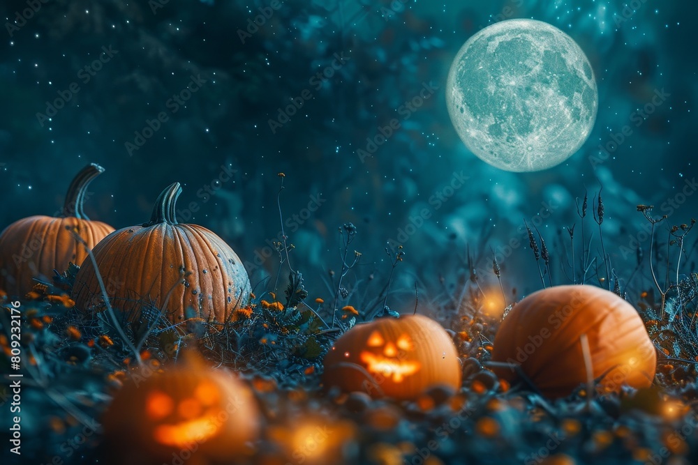 Pumpkins arranged on green grass field, A dreamy composition of pumpkins glowing in the light of a full moon Pumpkins arranged on green grass field, A dreamy composition of pumpkins glowing in the light of a full moon