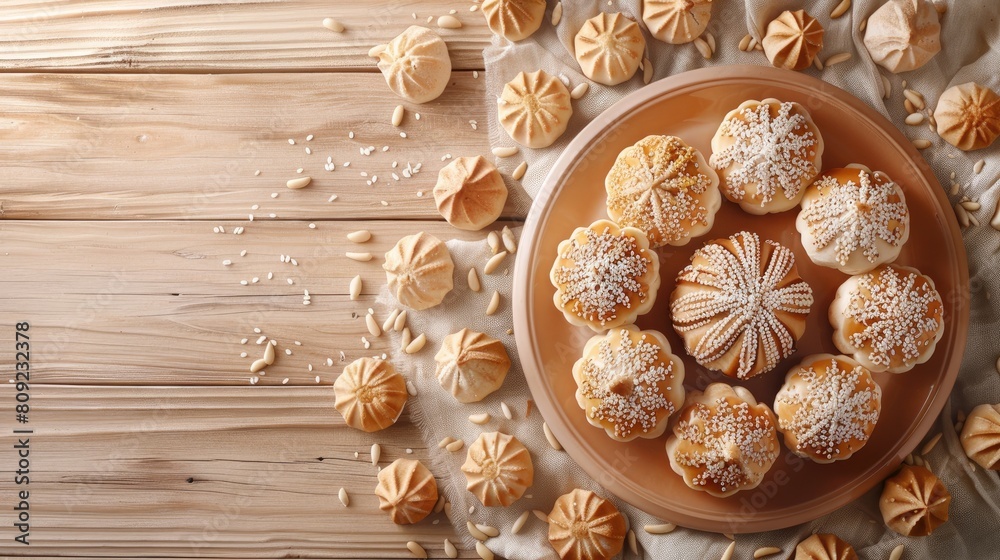 a plate brimming with Panghai rice cookies, delicately adorned with sesame seeds, resting on a wooden table. a plate brimming with Panghai rice cookies, delicately adorned with sesame seeds, resting on a wooden table.