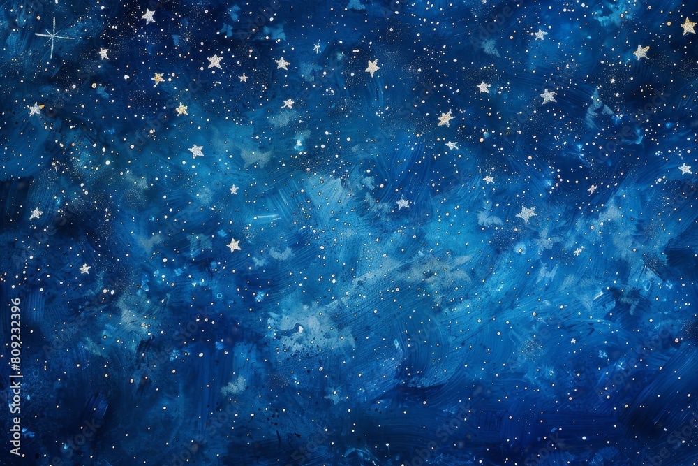 A painting depicting a star-filled night sky, A dreamy interpretation of a starry night sky with shades of blue and twinkling stars against a midnight blue background