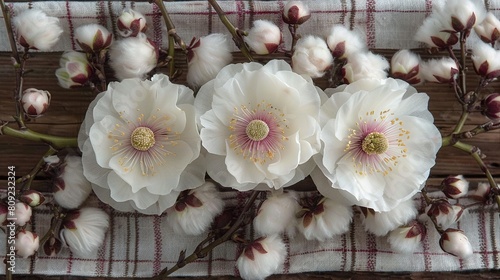   A vase with white flowers resting on a checked tablecloth atop a wooden surface © Anna