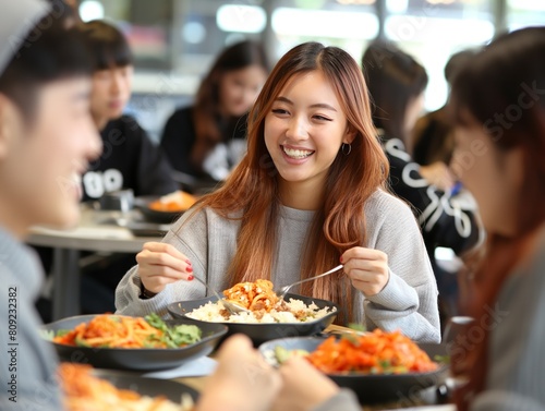 A woman is smiling while eating at a restaurant. She is surrounded by other people who are also eating. The atmosphere is casual and friendly