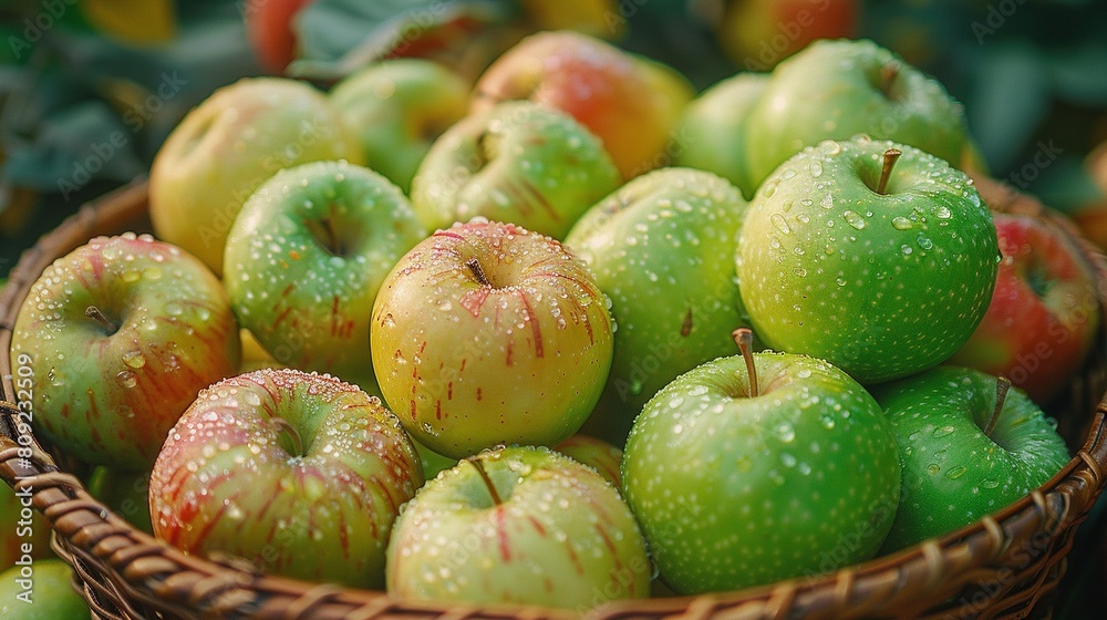 Basket brimming with green, red apples, drops of water Background leaves Basket brimming with green, red apples, drops of water Background leaves