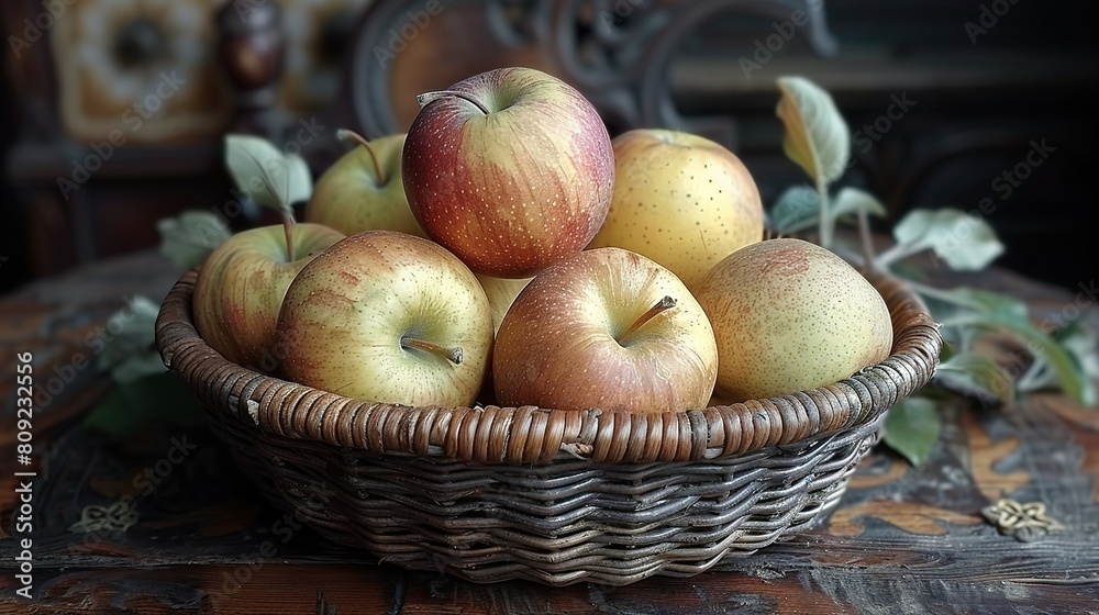 A wicker basket brimming with apples resting on a wooden table adjacent to a cloth-covered table surface A wicker basket brimming with apples resting on a wooden table adjacent to a cloth-covered table surface