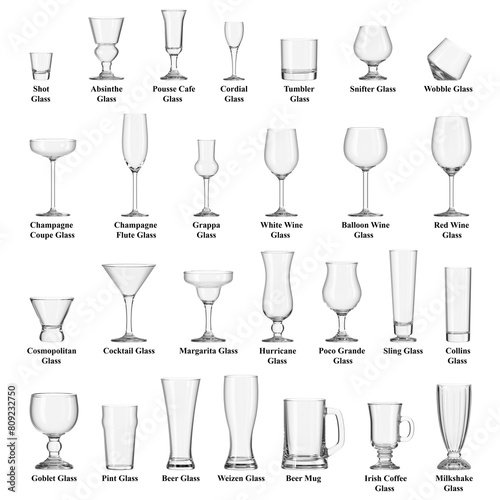 Set of different glasses for alcoholic and non-alcoholic drinks on isolated transparent background. Empty dishes. Bar theme. 3d rendering.