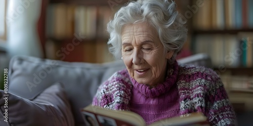 Senior Caucasian woman joyfully reading a book at home surrounded by photos of memories. Concept Reading, Senior Woman, Home, Memories, Joyful photo