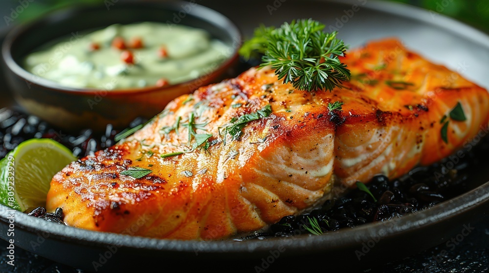   Close-up of a salmon plate with guacamole bowl