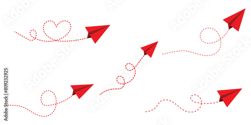 Realistic paper planes collection. Paper plane icon. Heart shaped Flying paper airplane with dotted air route and envelope. Paper planes, red planes with dotted route line.