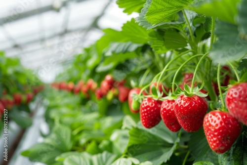 Ripe strawberries growing in a modern greenhouse with controlled environment.