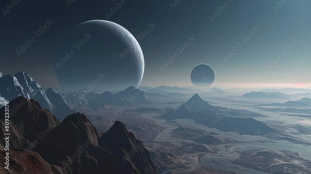 Exoplanets in space view from a mountain. national asteroid day Exoplanets in space view from a mountain. national asteroid day