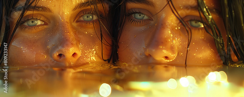 Mermaids concept. Close up portrait of two young beautiful women in water. Reflecting light on their gorgeous faces. Banner style. Outdoor shot photo