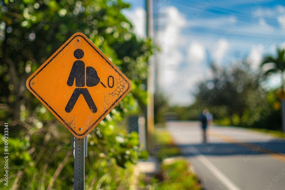 Yellow Pedestrian Crossing Sign by Road, A dynamic and energetic school zone sign that conveys a sense of movement and activity Yellow Pedestrian Crossing Sign by Road, A dynamic and energetic school zone sign that conveys a sense of movement and activity