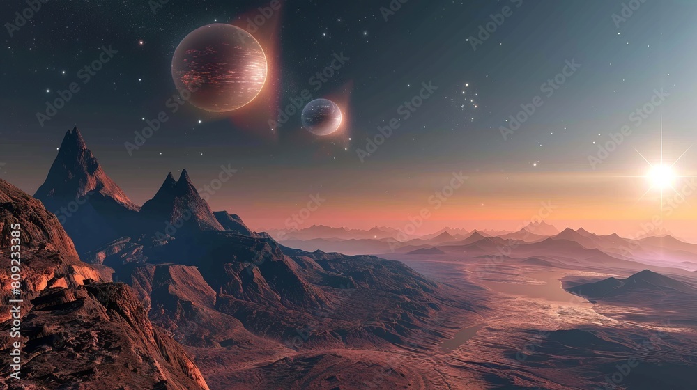Exoplanets in space view from a mountain. national asteroid day